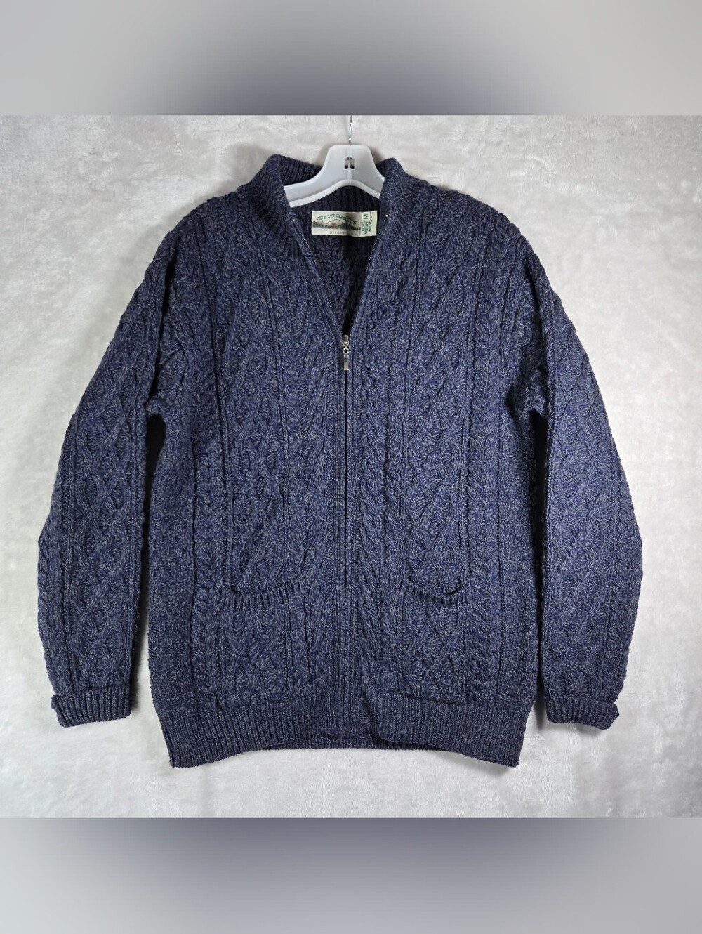 Aran Craft Blue Merino Wool Knitted Sweater Mens Sz Medium M Full Zip Fisherman